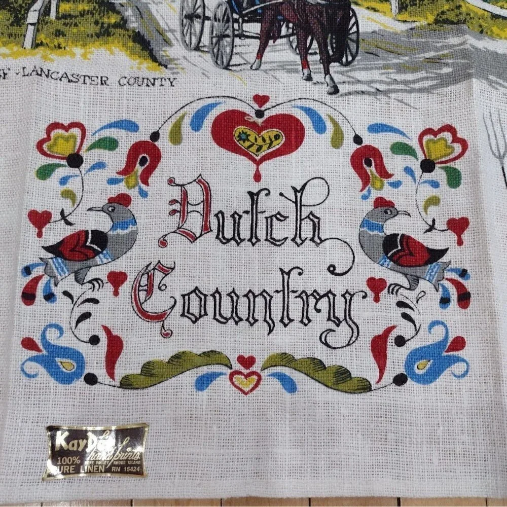 Vintage KayDee Hand Prints Pure Linen Tea Towel Dutch Country Amish Pennsylvania